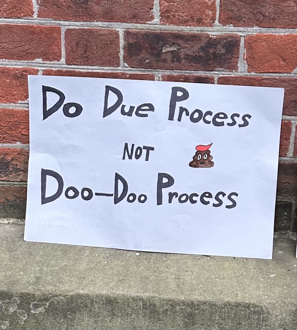 A sign saying Do Due Process. Not doo-doo
process